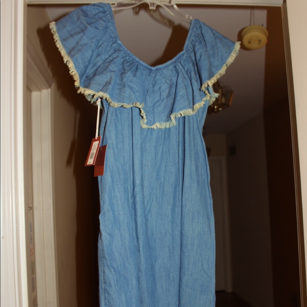 Brand new with tags- off the shoulder denim dress. Perfect!!